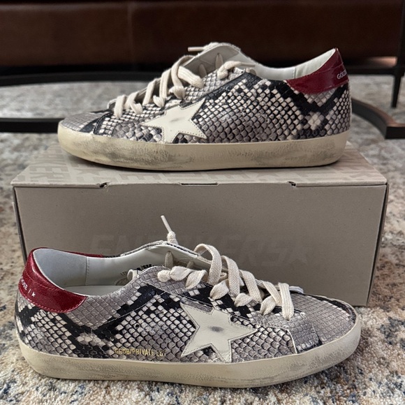 Golden Goose Shoes - Golden Goose Snakeskin Sneakers with Red and White Accents